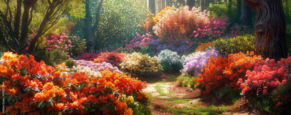 Garden with a colorful array of azaleas, 4K hyperrealistic photo, Garden with a colorful array of azaleas, 4K hyperrealistic photo,