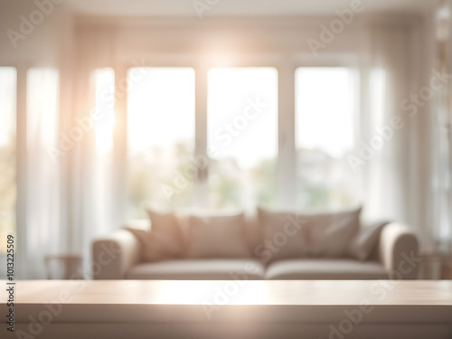 Blur living room at home with morning sunlight at big window for background usage. blur interior background concept. white, britht tone. photo