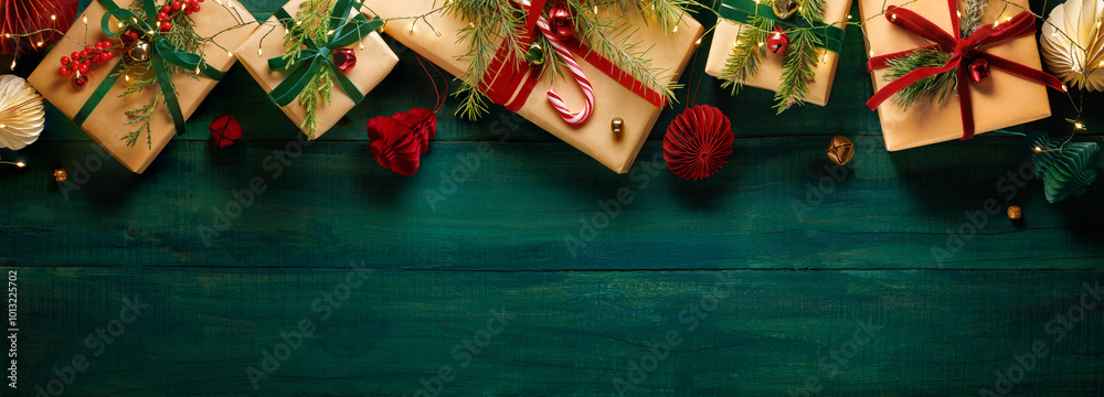 Gift boxes, fir tree branches and decoration for Christmas