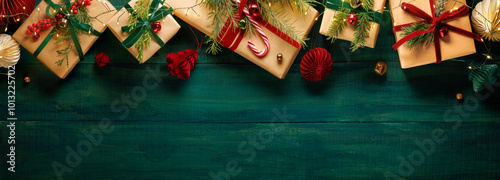 Obraz na płótnie Gift boxes, fir tree branches and decoration for Christmas w salonie