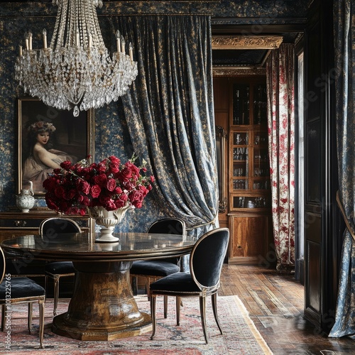 Elegant Dining Room Interior Design with Velvet Curtains  Chandelier  and Red Roses