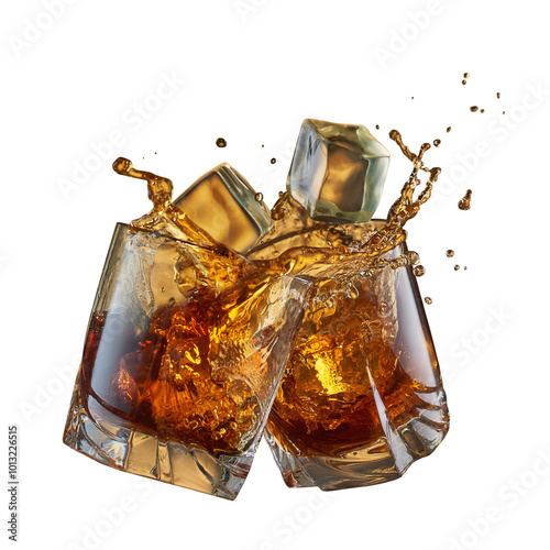 Two glasses with whiskey and falling ice cubes. Concept for advertising alcoholic beverages with ice cubes, glasses and splashes.