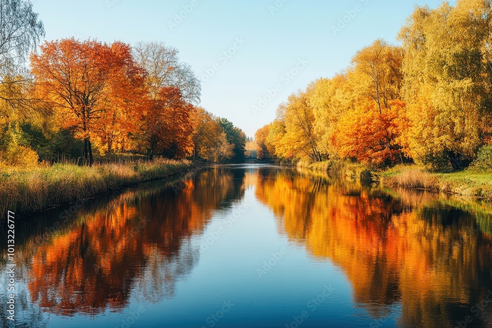 Tranquil autumn river with vibrant foliage reflection in a clear blue sky Tranquil autumn river with vibrant foliage reflection in a clear blue sky