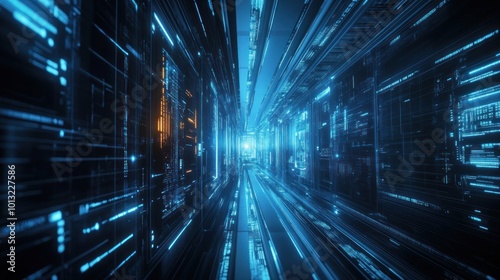 Abstract Digital Corridor: A Futuristic Journey Through a Network of Glowing Blue and Orange Lines.