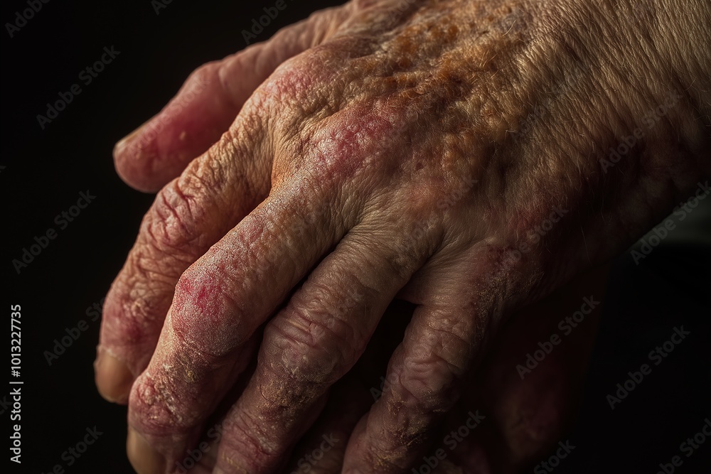 Fototapeta premium Twilight close-up of cracked skin on aged hands
