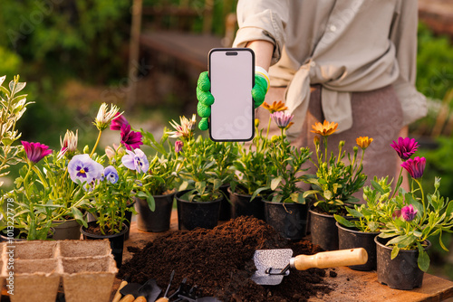 Fototapeta Naklejka Na Ścianę i Meble -  gardener using mobile app in phone for proper planting of flower plants in garden, gardening concept