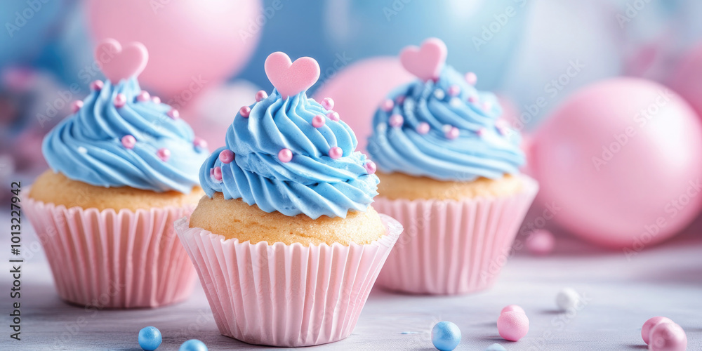 A trio of cupcakes with pastel blue frosting and pink heart decorations, arranged on a soft, light-colored background, ideal for a sweet celebration theme.. A trio of cupcakes with pastel blue frosting and pink heart decorations, arranged on a soft, light-colored background, ideal for a sweet celebration theme..