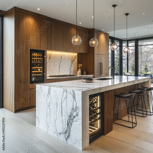 Modern Kitchen Island with Marble Countertop and Wine Cooler photo