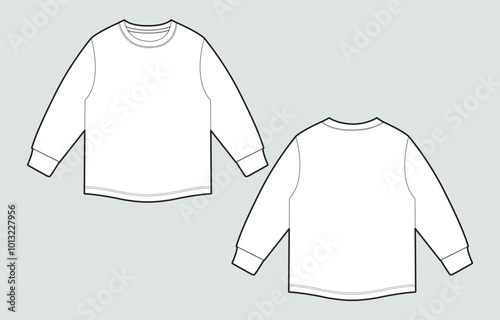 Long sleeve round neck t shirt overall technical fashion flat sketch vector illustration template front and back views isolated on white background. Cotton jersey apparel design mock up.