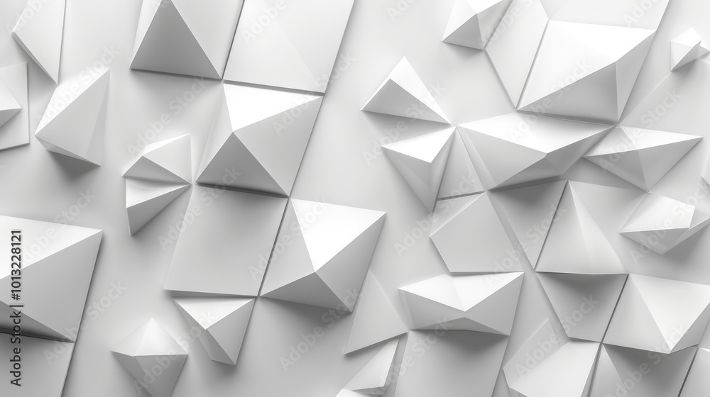 Abstract white geometric background with a mix of pyramid and triangular shapes arranged in a random pattern. Abstract white geometric background with a mix of pyramid and triangular shapes arranged in a random pattern.