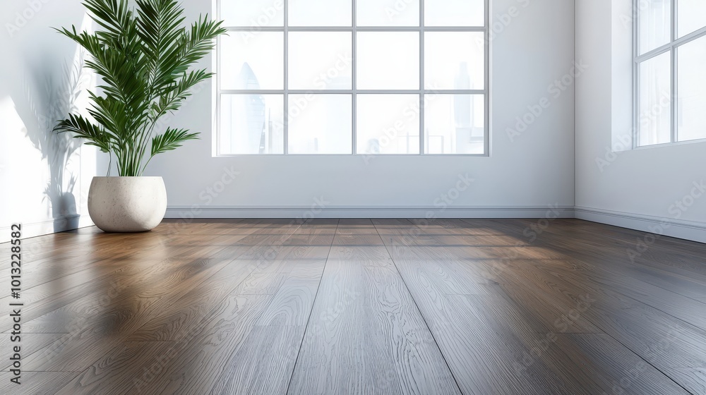 A large room with a white wall and a large window A large room with a white wall and a large window