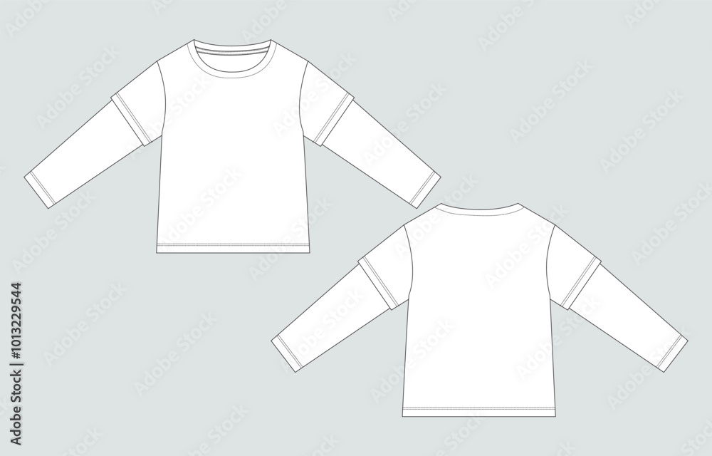 Long sleeve round neck t shirt overall technical fashion flat sketch vector illustration template front and back views isolated on white background. Cotton jersey apparel design mock up.