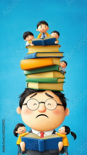 A stressed teacher balancing books and children, illustrating the challenges of education in a colorful cartoon style.