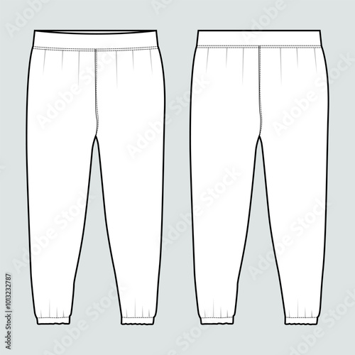 Ladies and Kids Basic Fleece Sweat Pant fashion flat sketch vector Illustration template front and back view. Technical Drawing apparel dress design Jogger pant mock up.