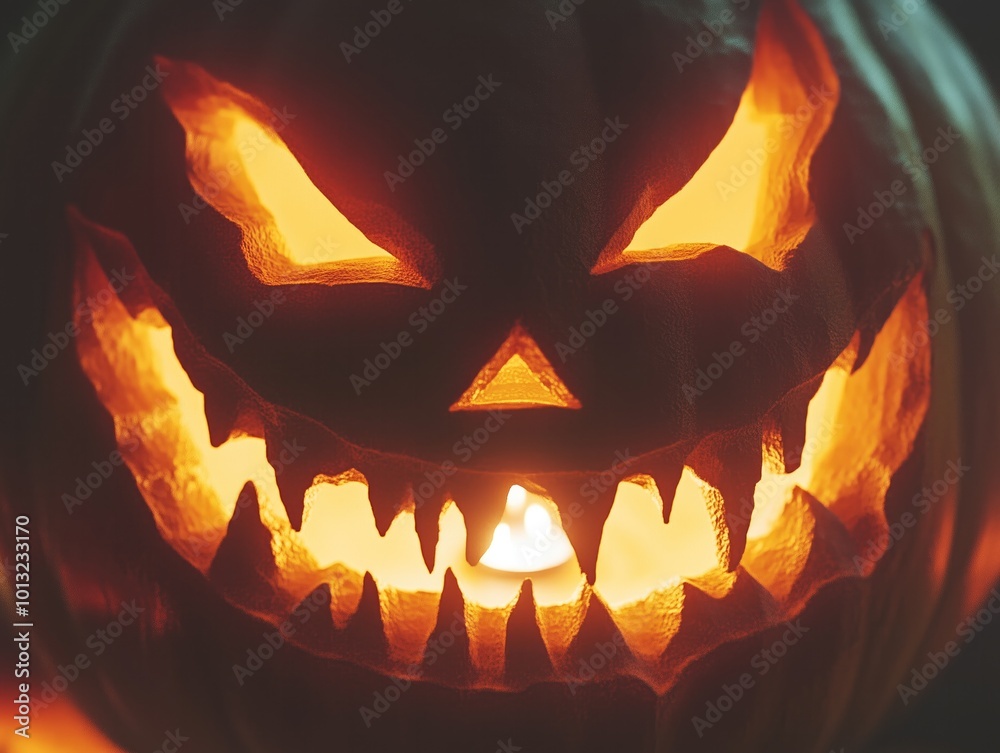 Fototapeta premium A sinister jack-o'-lantern with jagged teeth glows eerily in the darkness on Halloween night
