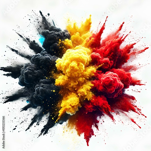 The Belgian flag explodes in vibrant clouds of black, yellow, and red powder, creating a bold and dynamic visual effect.