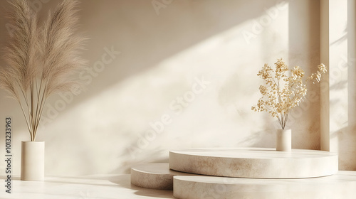 Empty Room in ivory Colors with Shadows on the Wall, Minimal Podium for Product Presentation, 3d render of minimal geometric forms, podium for product presentation