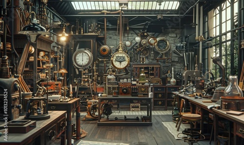 Steam-powered workshop of inventions and curiosities, 4K hyperrealistic photo