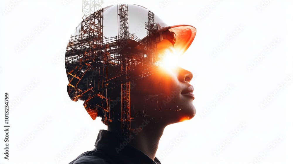 Double exposure of an engineer wearing a helmet and a construction site, isolated on a white background with a double shadow effect. Double exposure of an engineer wearing a helmet and a construction site, isolated on a white background with a double shadow effect.