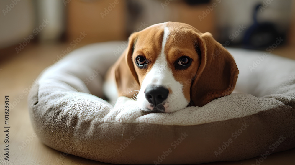 Sick beagle Puppy lying on a dog bed on the floor Sad sick beagle at home Sick beagle Puppy lying on a dog bed on the floor Sad sick beagle at home