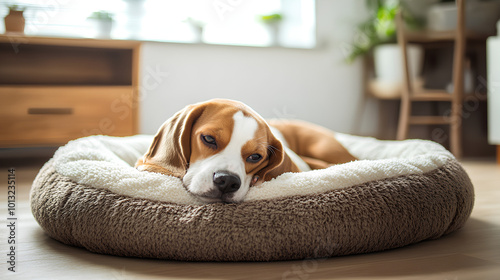 Sick beagle Puppy lying on a dog bed on the floor Sad sick beagle at home 