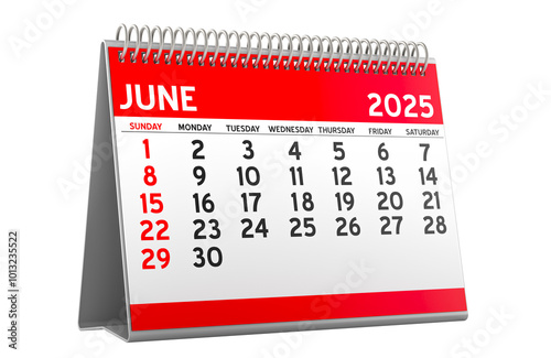 June 2025 Desk Calendar, 3D rendering isolated on transparent background