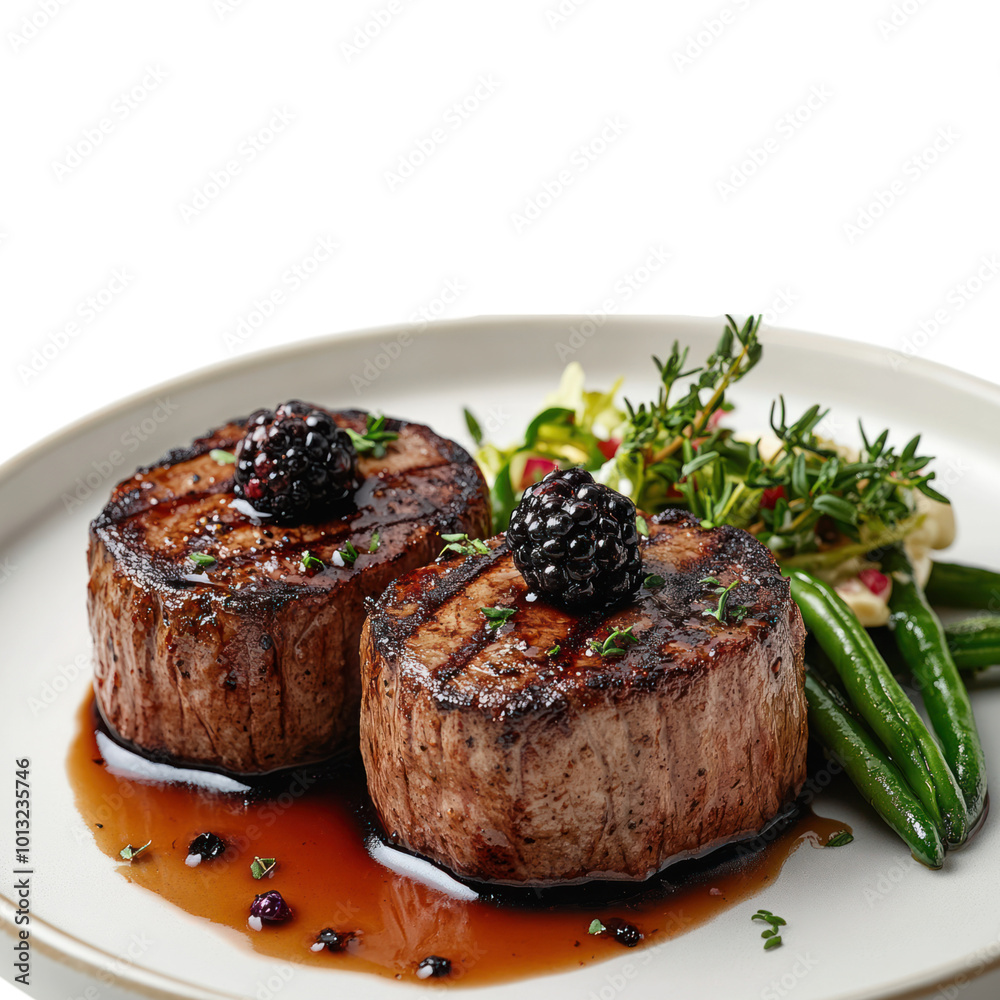 Grilled Steak with Blackberry Sauce and Green Beans Isolated on Transparent Background