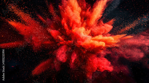 An artistic abstract image of a female orgasm. A red explosion in the sky on a black background. Red dust and particles of holi colors scatter all over the background