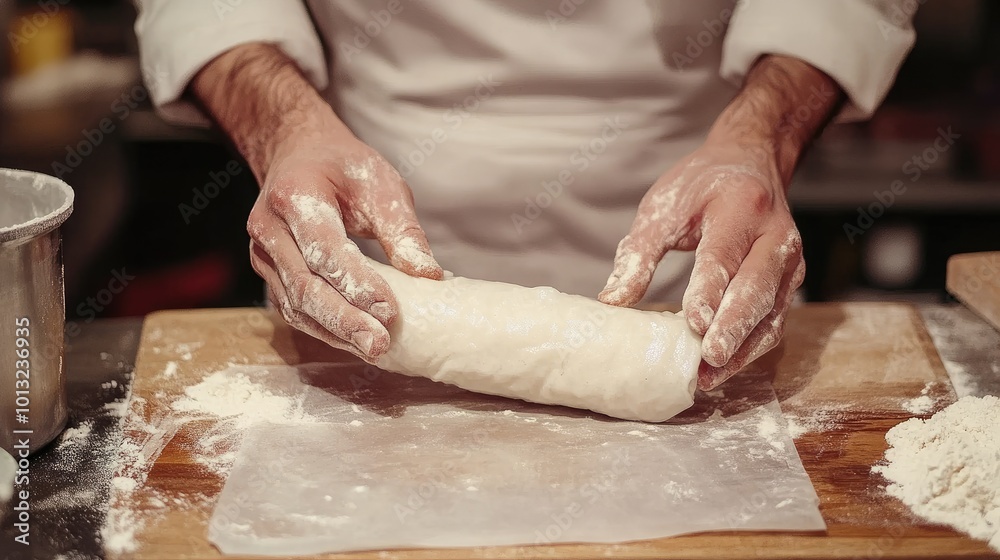 Chef Rolling Dough on a Wooden Surface Chef Rolling Dough on a Wooden Surface