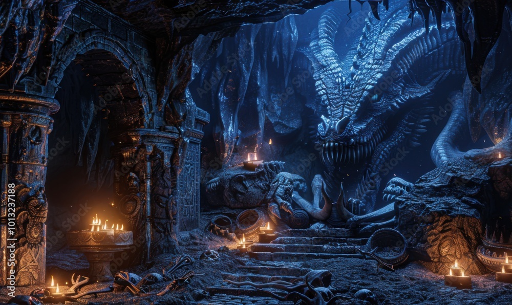Dark, eerie dragon's lair filled with ancient bones and glowing magical ...