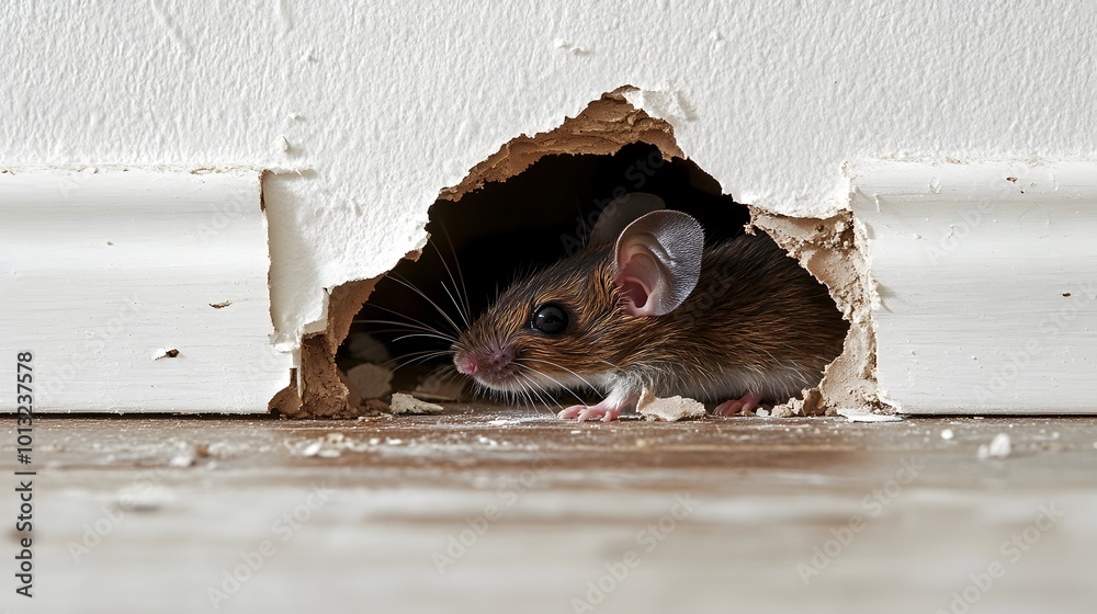 Chewed Hole in White Wall Revealing Rodent Shelter Entrance Stock ...