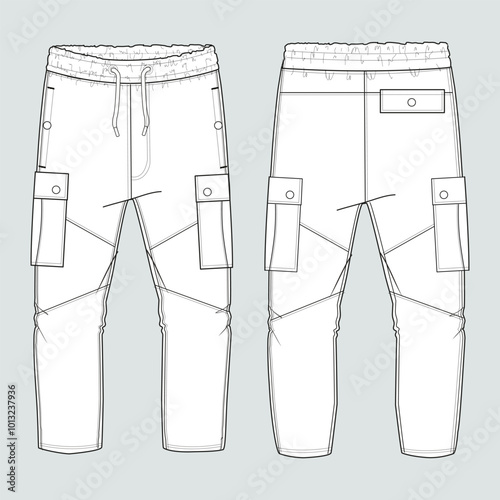 Fleece jersey Sweat pant With Cut and sew technical fashion flat sketch template front and back views. Apparel jogger pants vector illustration mock up for kids and boys. Fashion design drawing CAD.