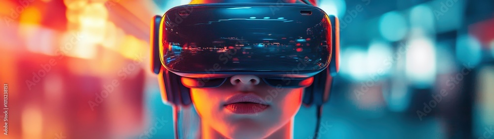 A young person immersed in virtual reality, showcasing the future of gaming and technology in a vibrant urban setting.