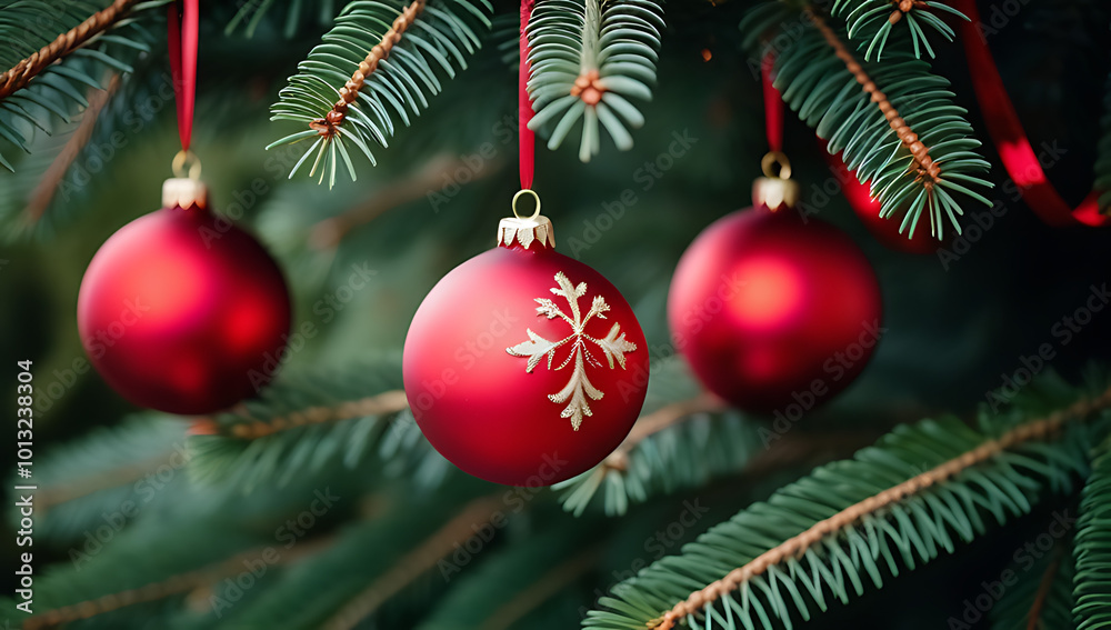 Obraz premium red christmas baubles hanging fir branches creating classic holiday look