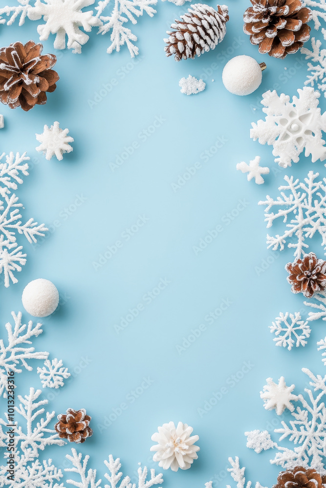 Christmas background with candy canes, fir branches, and ornaments on the left side of a flat lay composition on blue-colored paper, top view, with copy space. Christmas background with candy canes, fir branches, and ornaments on the left side of a flat lay composition on blue-colored paper, top view, with copy space.