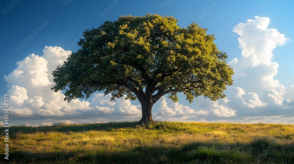 Majestic Tree Stands Tall Amid Lush Summer Meadow Under a Cloudspeckled Sky Majestic Tree Stands Tall Amid Lush Summer Meadow Under a Cloudspeckled Sky