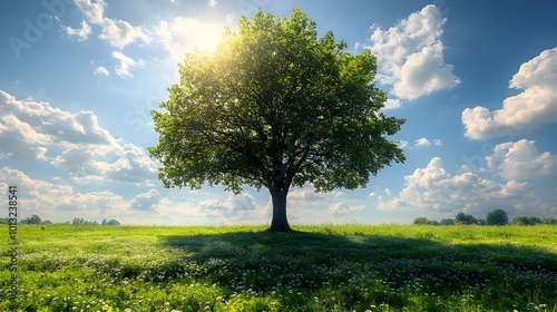 Idyllic Summer Landscape with Lush Tree and Fluffy Clouds in Blue Sky