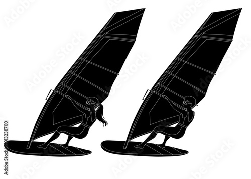 Vector set of monochrome illustration windsurfing. Collection with black silhouettes of women surfers isolated from background. Active summer lifestyle. Vacation activities