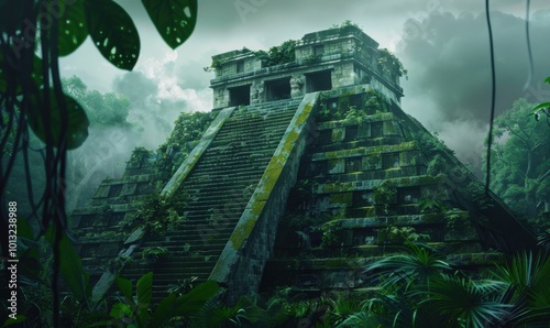 Crumbling Aztec pyramid emerging from dense jungle, 4K hyperrealistic photo photo