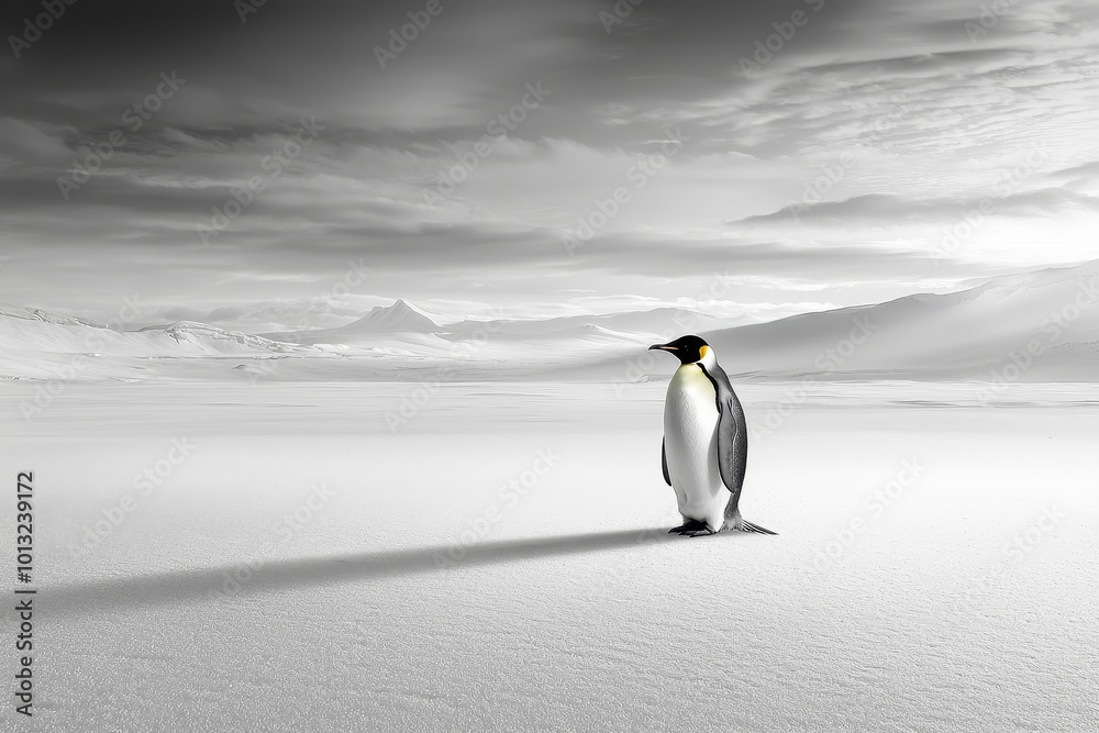 Obraz premium Lonely penguin against the backdrop of an icy landscape
