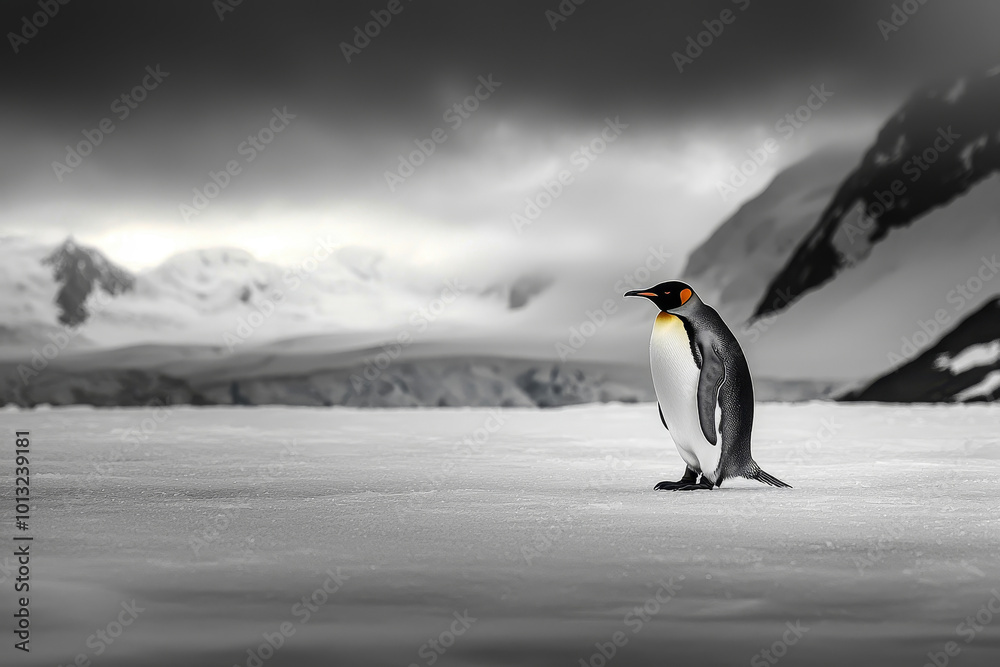 Obraz premium Lonely penguin against the backdrop of an icy landscape