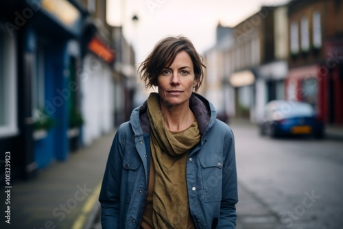 Portrait of a beautiful young woman with short hair standing in the street