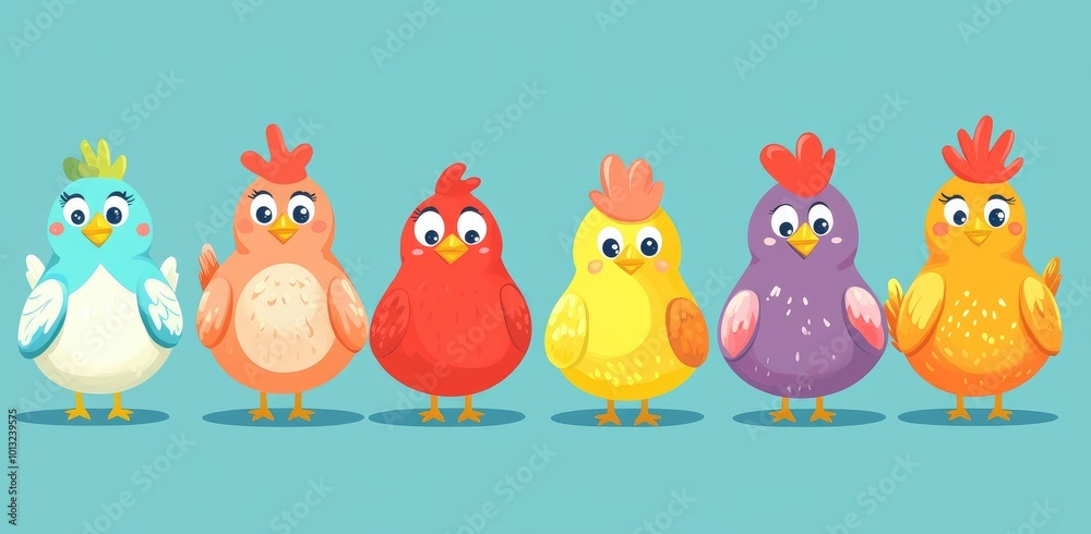 April Fools' Day, cartoon funny chickens, vector illustration, flat design, cute and colorful background April Fools' Day, cartoon funny chickens, vector illustration, flat design, cute and colorful background
