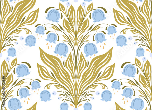 Vector ornamental pattern with blue lilies of the valley. Texture with tracery floral arrangement on white background. Decorative surface design with spring flowers for wallpaper and fabric