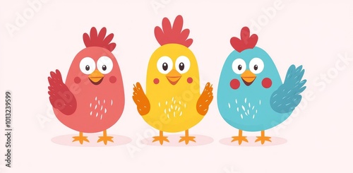 April Fools' Day, cartoon funny chickens, vector illustration, flat design, cute and colorful background