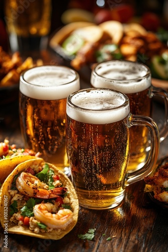 A wooden table with various types of fast food and beer mugs, including chicken wings, shrimp, soft drinks, tacos, and a mixed salad, shot from above.