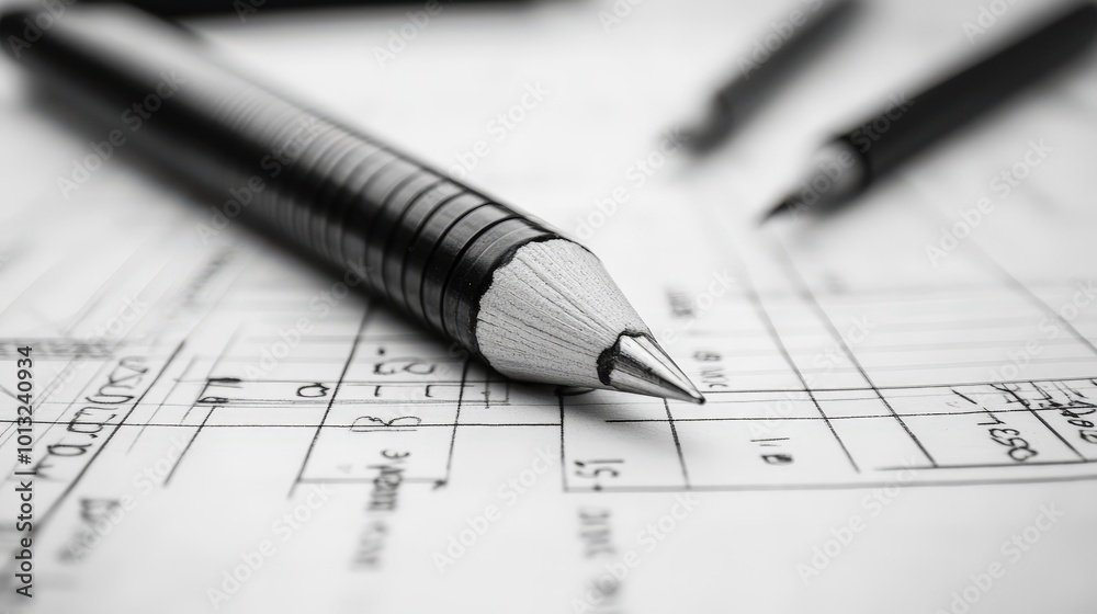 Close-up of a textured pen resting on organized paper with detailed charts, perfect for office, writing, and business themes. Close-up of a textured pen resting on organized paper with detailed charts, perfect for office, writing, and business themes.