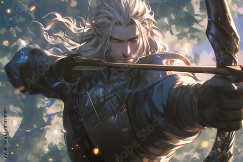 male aasimar warrior with luminous powers readying his bow in a mystical forest