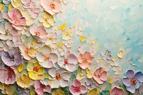 A vibrant oil painting of a floral arrangement featuring pink, yellow, and white flowers on a pale blue background.