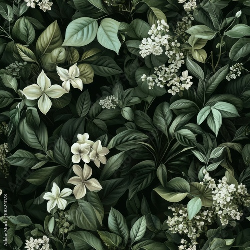 Elegant botanical seamless pattern with detailed green foliage and white blossoms